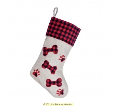 Deluxe Plush Plaid Red Check Bone Stocking 40cm X 25cm