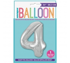 Silver Number 4 Shaped Foil Balloon 34"