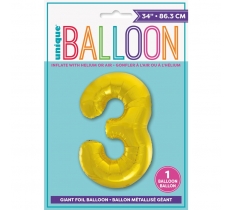Gold Number 3 Shaped Foil Balloon 34"