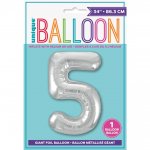 Silver Number 5 Shaped Foil Balloon 34"