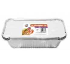 5pc Foil Containers & Lids Approx 200mm x 110mm x 50mm