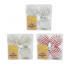 Bauble 80Mm 4 Pack White With Swirl