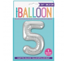 Silver Number 5 Shaped Foil Balloon 34"