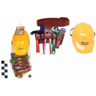 Plastic Construction Helmet With Tools In Net Bag