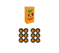 Halloween Pumpkin Paper Bags with Stickers x 12