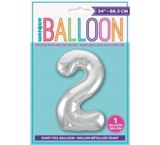 Silver Number 2 Shaped Foil Balloon 34"