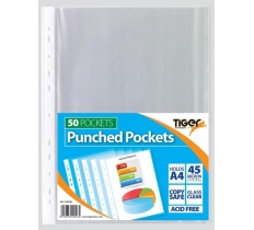 Tiger A4 Punched Poly Pockets 45 Micron Clear 50 Pack