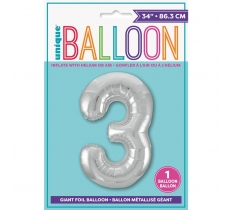 Silver Number 3 Shaped Foil Balloon 34"