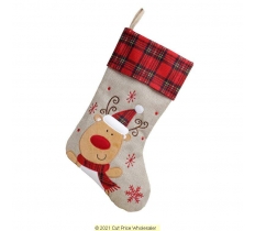 Deluxe Plush Tartan Reindeer Christmas Stocking 40cm X 25cm