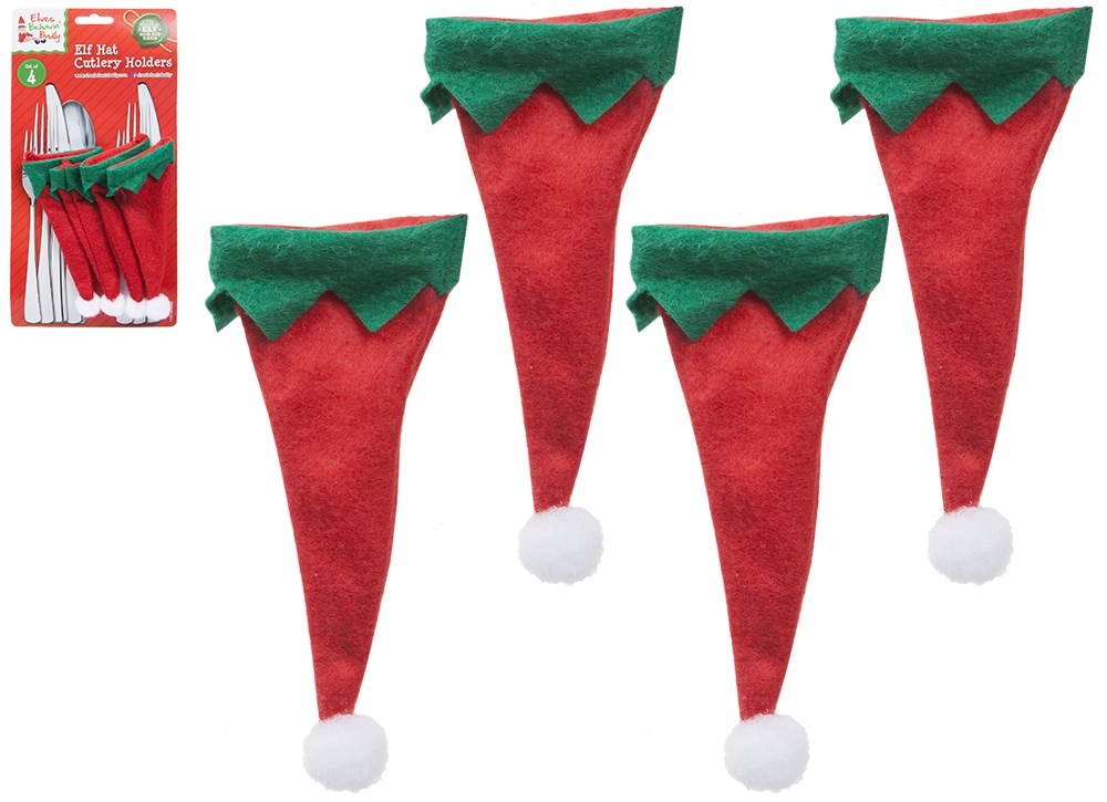 Set Of 4 Elf Hat Cutlery Holders - Click Image to Close