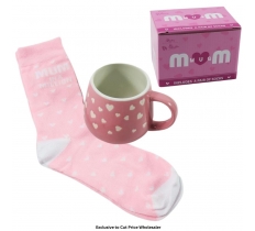 Pink Mug with Heart Design and Pink Socks with Gift Box