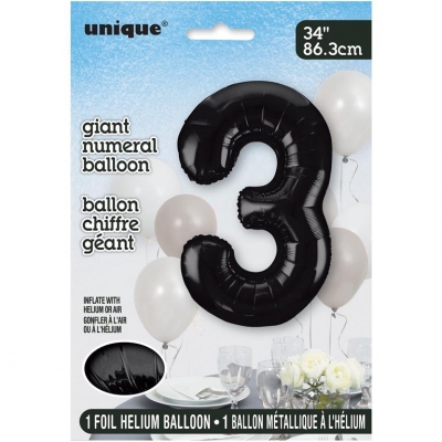 Black Number 3 Shaped Foil Balloon 34"