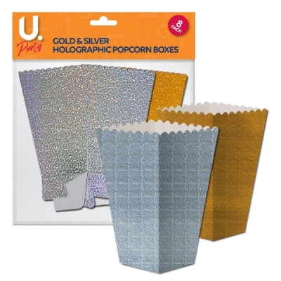 Holographic Popcorn Box Gold & Silver, 8 Pack