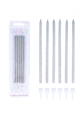 Glitter Silver Tall Party Candles with Holders (14cm) 6 Pack