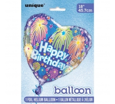 Heart Birthday Fireworks Round Foil Balloon 18"