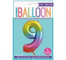 Rainbow Number 9 Shaped Foil Balloon 34"