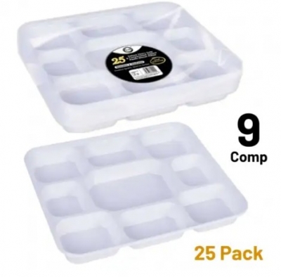 Heavy-Duty 9 Compartment Square Plastic Dinner Plates 25PC