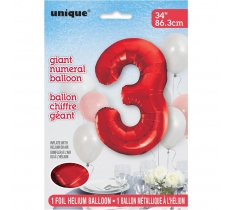Red Number 3 Shaped Foil Balloon 34"