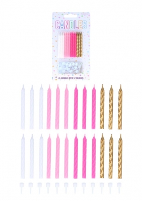 White Pink and Gold Party Candles with 12 Holders(6cm) 24PC
