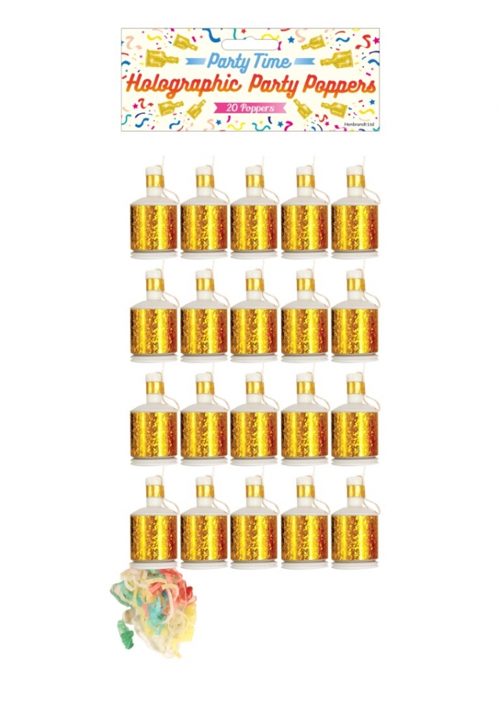 Party Poppers Gold Holographic 20 Pack - Click Image to Close