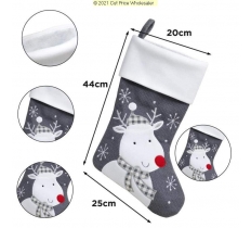 DELUXE PLUSH GREY KNITTED REINDEER STOCKING 40CM X 25CM