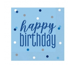 Glitz Blue & Silver Happy Birthday Paper Napkins 16 Pack