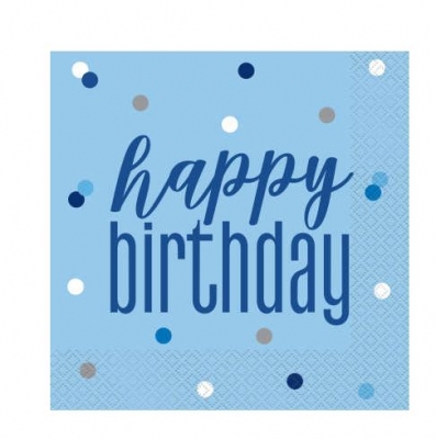 Glitz Blue & Silver Happy Birthday Paper Napkins 16 Pack