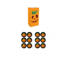 Halloween Pumpkin Paper Bags with Stickers x 12