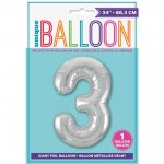 Silver Number 3 Shaped Foil Balloon 34"