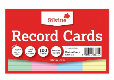 Silvine 100 Coloured Ruled Record Cards 203mm X 127mm