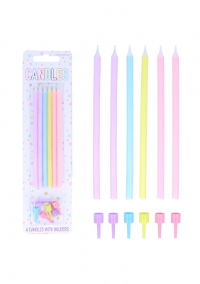 Pastel Tall Party Candles with Holders (12.5cm) 6PC