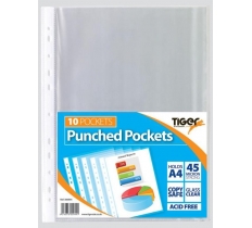 TIGER A4 PUNCHED POLY POCKETS 45 MICRON CLEAR 10 PACK
