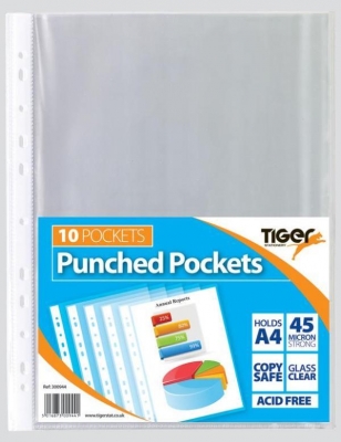 Tiger A4 Punched Poly Pockets 45 Micron Clear 10 Pack