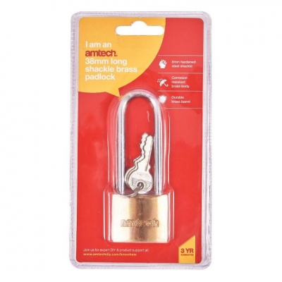 Amtech 38mm Long Shackle Brass Padlock