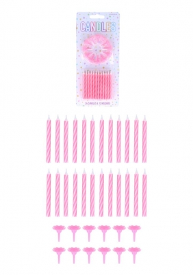 Pink Party Candles with 12 Holders (6cm) 24-Pack