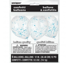 12" Clear Latex Balloons With Powder Blue Confetti Pack Of 6