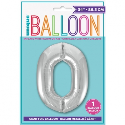 Silver Number 0 Shaped Foil Balloon 34"