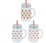 Christmas Froster Printed Glass Jar With Straw ( Various Designs