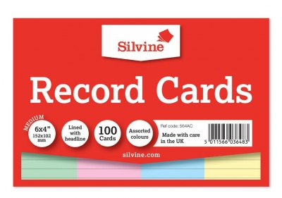 Silvine 100 Coloured Ruled Record Cards 152mm X 102mm