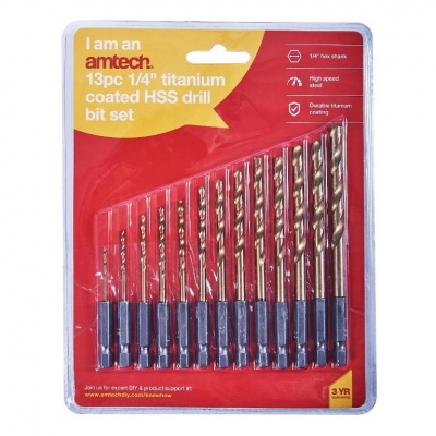 Amtech 13 Pack 1/4" Titanium Coated Hss Drill Bit Set