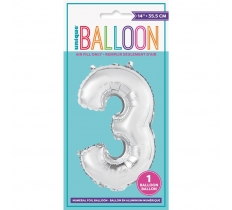 Silver Number 3 Shaped Foil Balloon 14"