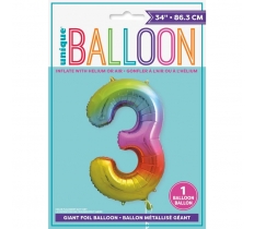 Rainbow Number 3 Shaped Foil Balloon 34"