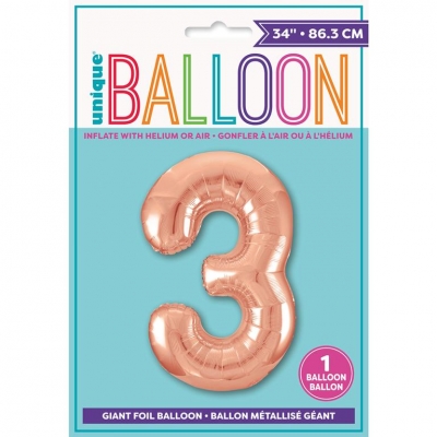 Rose Gold Number 3 Shaped Foil Balloon 34"