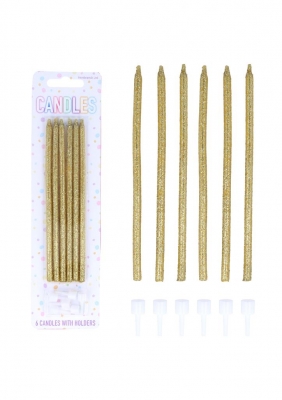 Glitter Gold Tall Party Candles with Holders (14cm) 6-Pack