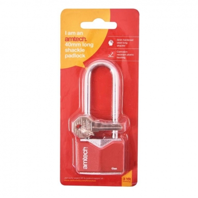 Amtech 40mm Long Shackle Rhombic Chrome Plated Iron Padlock