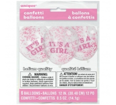 12" Girl Clear Latex Balloons With Pink Confetti Pack Of 6