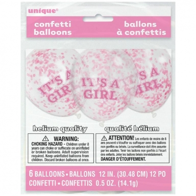 12" Girl Clear Latex Balloons With Pink Confetti Pack Of 6