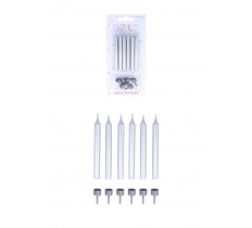 Silver Party Candles with 6 Holders (7.8cm) 6-Pack