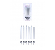 Silver Party Candles with 6 Holders (7.8cm) 6 Pack