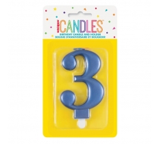 Metallic Blue Number 3 Birthday Candle